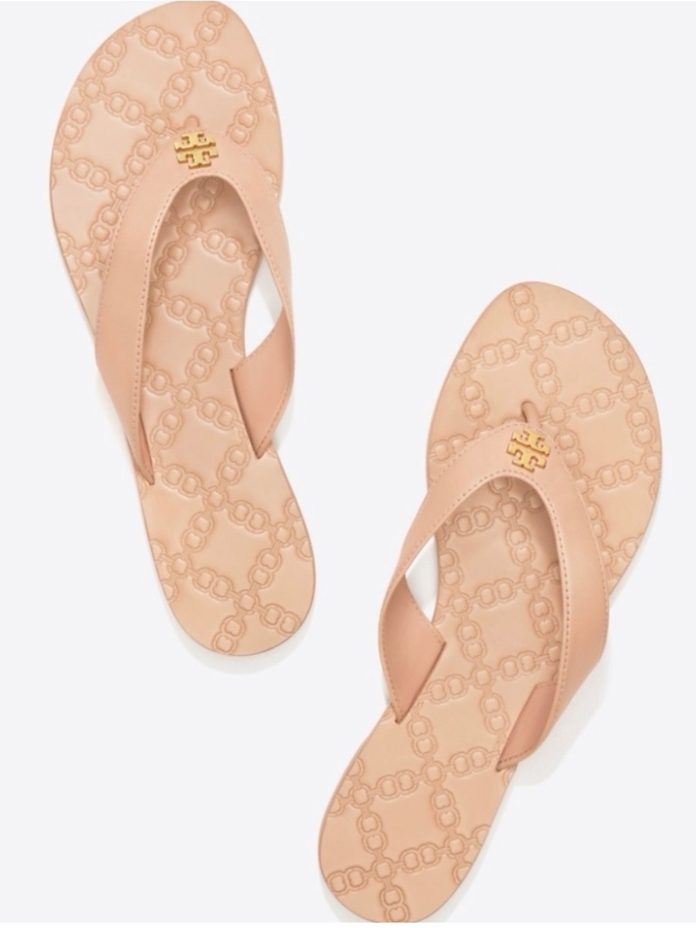Tory Burch Monroe Leather Thong Sandals Nude Tan Gold Logo - Size 7